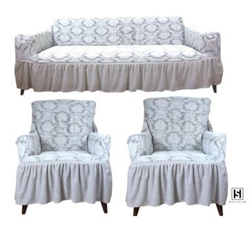 Heytgah Polyester Fırfırlı Süngersiz Damask Desenli Giydirmeli Gri Üçlü Koltuk Örtüsü 180x230 cm