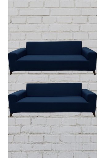 Şahane Ev Mikro Polyester Likralı Jakarlı Süngersiz Düz Giydirmeli Lastikli Mavi Üçlü Koltuk Örtüsü 51x42 cm