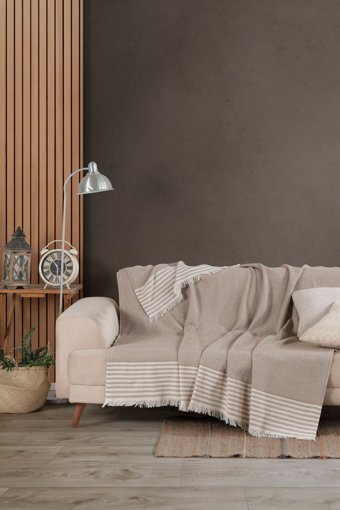 Denia Home Textile Line Pamuklu Kanvas Saçaklı Süngersiz Armürlü Bej Üçlü Koltuk Örtüsü 170x200 cm