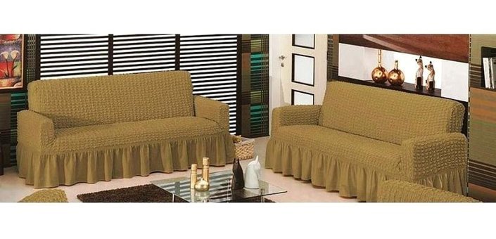 Altın Kelebek Polyester Bürümcük Fırfırlı Süngersiz Giydirmeli Lastikli Bej İkili Koltuk Örtüsü 190x220 cm