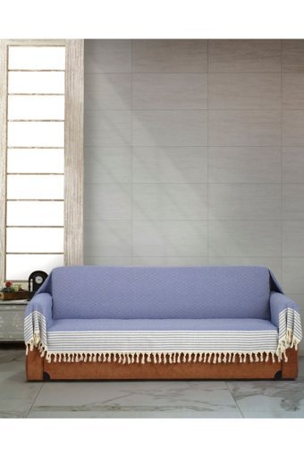 Genç Uludağ Pamuklu Püsküllü Süngersiz Çizgili Lacivert Tekli Koltuk Örtüsü 180x300 cm