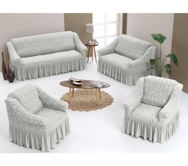 Uytm Pamuklu - Polyester Likralı Drapeli Süngerli Çiçek Desenli Giydirmeli Bej Dörtlü Koltuk Örtüsü 80x120 cm