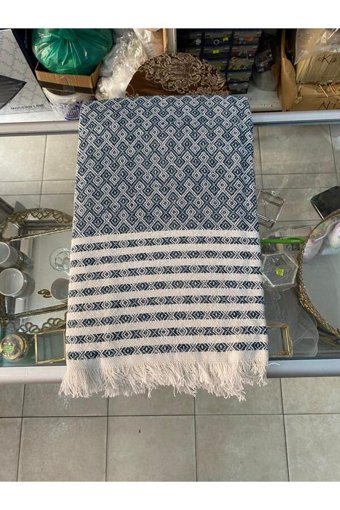 Buldan Pamuklu Kanvas Saçaklı Süngersiz Armürlü Mavi Tekli Koltuk Örtüsü 175x210 cm