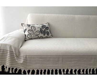Mutlu Çeyiz Diamond Pamuklu Püsküllü Süngersiz Çizgili Krem Tekli Koltuk Örtüsü 180x300 cm