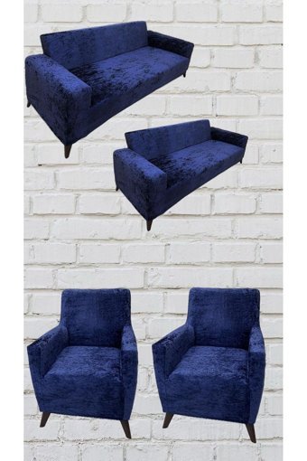 Şahane Ev Kadife Likralı Jakarlı Süngersiz Çizgili Giydirmeli Lacivert Üçlü Koltuk Örtüsü 155x220 cm