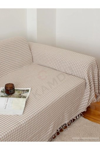 Yuens Pamuklu Polar Saçaklı Süngersiz Çizgili Bej Tekli Koltuk Örtüsü 180x300 cm
