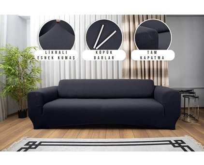 Haton Home Pamuklu Likralı Süngersiz Düz Giydirmeli Gri Üçlü Koltuk Örtüsü 180x230 cm