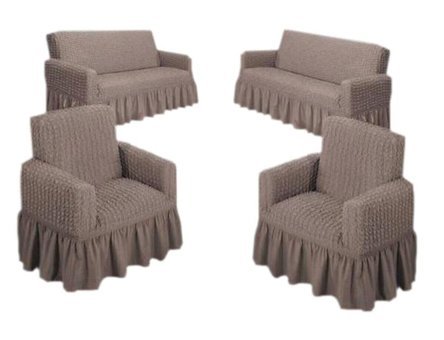 Nera Home Pamuklu - Polyester Bürümcük Fırfırlı Süngersiz Geometrik Desenli Giydirmeli Kahverengi Dörtlü Koltuk Örtüsü 183x230 cm