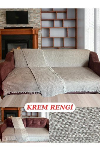 E Bahar Pamuklu Kanvas Jakarlı Süngersiz Armürlü Bej Üçlü Koltuk Örtüsü 185x215 cm