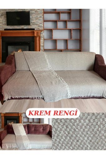 E Bahar Pamuklu Kanvas Jakarlı Süngersiz Armürlü Bej Üçlü Koltuk Örtüsü 185x215 cm