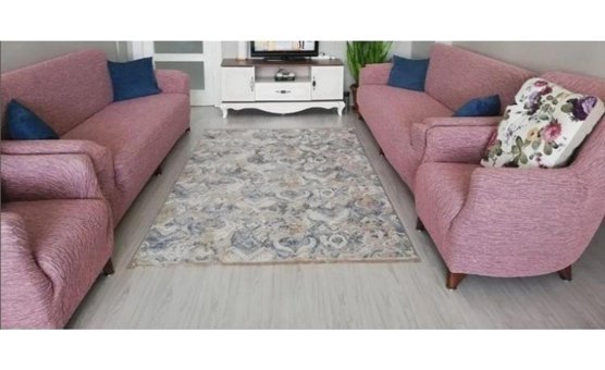 Uzhanem Pamuklu - Polyester Likralı Jakarlı Süngerli Çizgili Giydirmeli Pembe Dörtlü Koltuk Örtüsü 183x230 cm