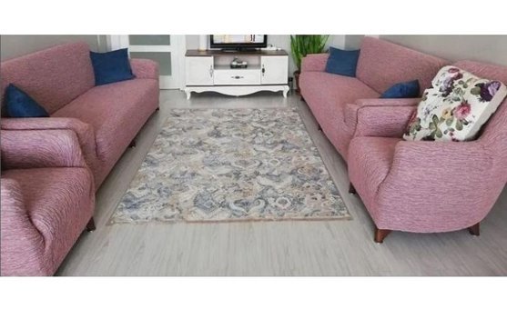 Uzhanem Pamuklu - Polyester Likralı Jakarlı Süngerli Çizgili Giydirmeli Pembe Dörtlü Koltuk Örtüsü 183x230 cm