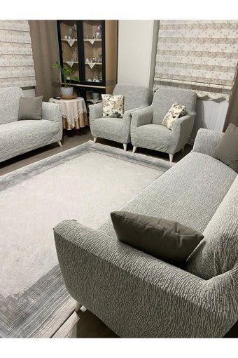 Uyumev Pamuklu - Polyester Likralı Jakarlı Süngerli Çizgili Giydirmeli Bej Dörtlü Koltuk Örtüsü 180x230 cm