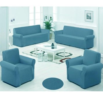 Uygar Home Pamuklu - Polyester Likralı Süngerli Düz Giydirmeli Mavi Dörtlü Koltuk Örtüsü