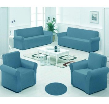 Uygar Home Pamuklu - Polyester Likralı Süngerli Düz Giydirmeli Mavi Dörtlü Koltuk Örtüsü