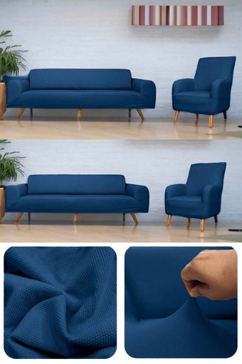 Riseler Home Polyester Likralı Jakarlı Süngersiz Petek Desenli Giydirmeli Mavi Üçlü Koltuk Örtüsü 180x240 cm