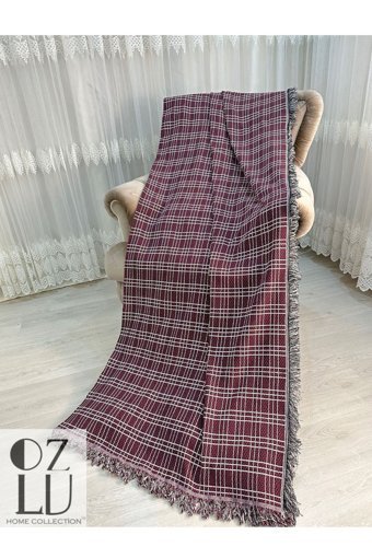 Özlü Home Pamuklu Örgü Saçaklı Süngersiz Armürlü Bordo Tekli Koltuk Örtüsü 170x220 cm