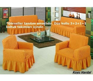 Altın Kelebek Pamuklu - Polyester Bürümcük Fırfırlı Süngersiz Giydirmeli Lastikli Hardal Dörtlü Koltuk Örtüsü 180x230 cm