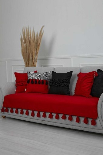 Aisha's Design KO-26 Polyester Örgü Püsküllü Süngersiz Düz Kırmızı Tekli Koltuk Örtüsü 34x48 cm