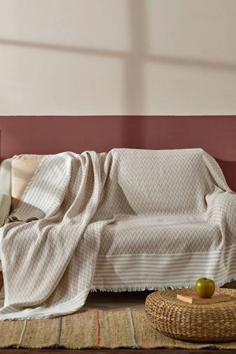 Nisa Hometeks Keten Saçaklı Süngersiz Çizgili Bej Tekli Koltuk Örtüsü 170x210 cm
