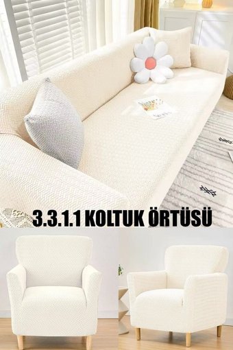 İntil Pamuklu - Polyester Likralı Süngersiz Tuğla Desenli Giydirmeli Krem 3-3-1-1 Koltuk Örtüsü 180x230 cm