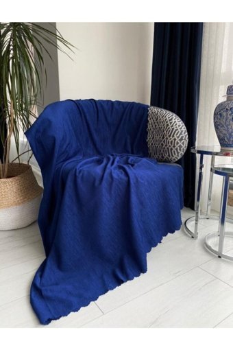 Koçhan Manifatura Pamuklu Jakarlı Süngerli Çizgili Lacivert Tekli Koltuk Örtüsü 175x215 cm