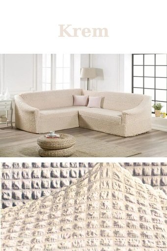 Furkanticaret Polyester Bürümcük Süngerli Düz Giydirmeli Krem L Koltuk Koltuk Örtüsü 180x230 cm