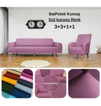 Etles Home Pamuklu - Polyester Likralı Jakarlı Süngersiz Armürlü Giydirmeli Pembe Sekizli Koltuk Örtüsü 80x125 cm