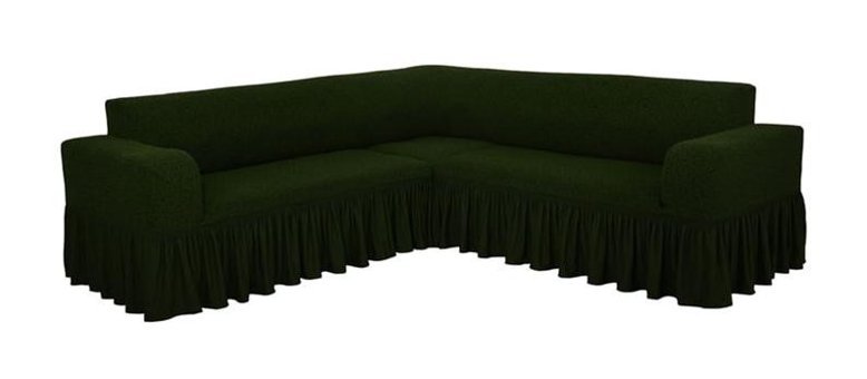 Faprikadan Pamuklu - Polyester Fırfırlı Süngersiz Düz Giydirmeli Yeşil L Koltuk Koltuk Örtüsü 290x170 cm