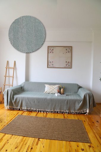 Koza Home Pamuklu - Polyester Saçaklı Süngersiz Çizgili Yeşil Tekli Koltuk Örtüsü 180x300 cm