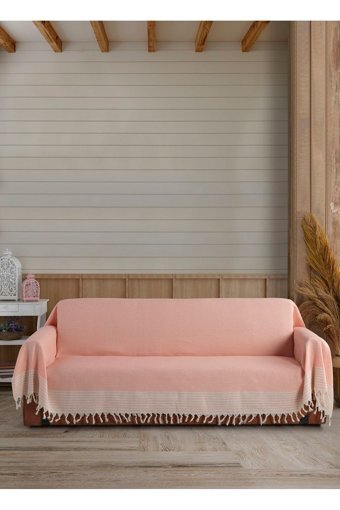 Lux Touch Somon Pamuklu Püsküllü Süngersiz Geometrik Desenli Pembe Tekli Koltuk Örtüsü 180x300 cm