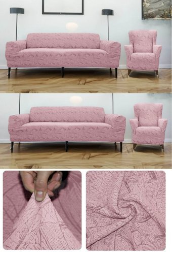 Riseler Home Pamuklu - Polyester Likralı Jakarlı Süngersiz Çiçek Desenli Giydirmeli Pembe Üçlü Koltuk Örtüsü 230x180 cm