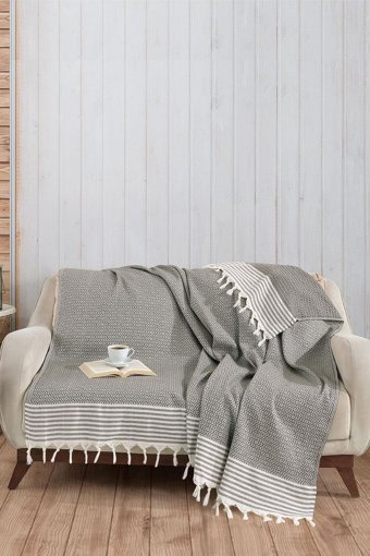 Pamukören Natural Pamuklu - Polyester Örgü Saçaklı Süngersiz Geometrik Desenli Haki İkili Koltuk Örtüsü 170x210 cm