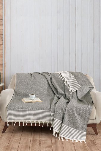 Pamukören Natural Pamuklu - Polyester Örgü Saçaklı Süngersiz Geometrik Desenli Haki İkili Koltuk Örtüsü 170x210 cm