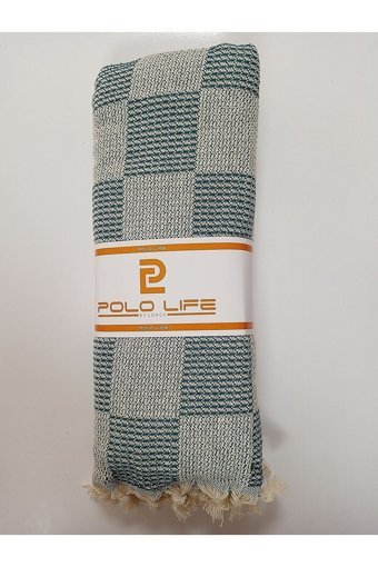 Blue Home Polo Life Pamuklu Püsküllü Süngersiz Kareli Yeşil Tekli Koltuk Örtüsü 180x230 cm