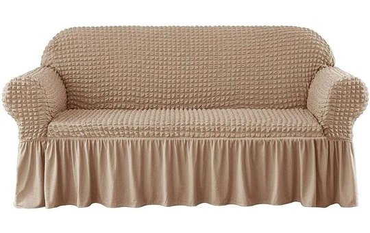 Karahanlı Polyester Bürümcük-Likralı Fırfırlı Süngersiz Kapitone Giydirmeli Bej Üçlü Koltuk Örtüsü 130x170 cm