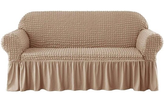 Karahanlı Polyester Bürümcük-Likralı Fırfırlı Süngersiz Kapitone Giydirmeli Bej Üçlü Koltuk Örtüsü 130x170 cm