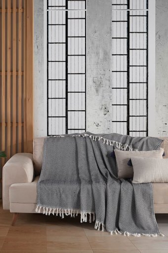Ladynil Natural Pamuklu Saçaklı Süngersiz Çizgili Siyah Tekli Koltuk Örtüsü 180x220 cm