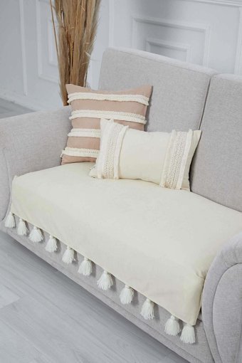 Aisha's Design KO-19-IK Polyester Örgü Püsküllü Süngersiz Düz Ekru Tekli Koltuk Örtüsü 90x155 cm