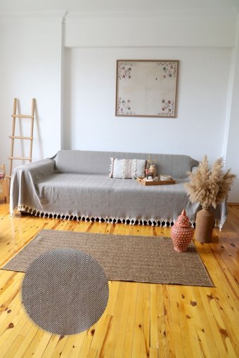 Koza Home Pamuklu - Polyester Saçaklı Süngersiz Çizgili Kahverengi Tekli Koltuk Örtüsü 180x300 cm
