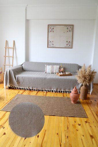 Koza Home Pamuklu - Polyester Saçaklı Süngersiz Çizgili Kahverengi Tekli Koltuk Örtüsü 180x300 cm