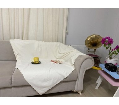 Poyraz Garanti Pamuklu Nubuk Jakarlı Süngersiz Düz Ekru Tekli Koltuk Örtüsü 175x215 cm