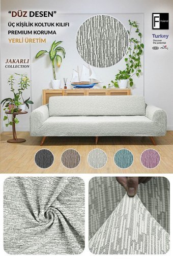 Faiend Polyester Jakarlı Süngersiz Kırçıllı Giydirmeli Bej Üçlü Koltuk Örtüsü 180x220 cm