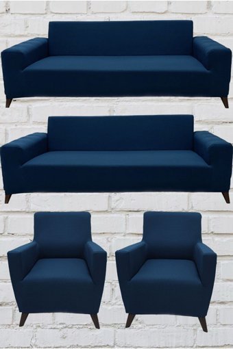 Şahane Ev Mikro Polyester Likralı Jakarlı Süngersiz Düz Giydirmeli Lastikli Mavi Üçlü Koltuk Örtüsü 140 cm