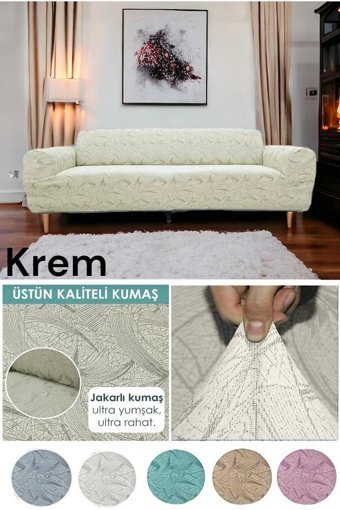 Seltenet Likralı Jakarlı Süngersiz Çiçek Desenli Giydirmeli Su Geçirmez Bej Tekli Koltuk Örtüsü 180x230 cm
