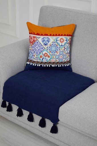 Aisha's Design KO-19-T Polyester Örgü Püsküllü Süngersiz Düz Lacivert Tekli Koltuk Örtüsü 34x48 cm