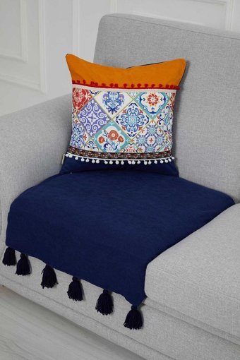 Aisha's Design KO-19-T Polyester Örgü Püsküllü Süngersiz Düz Lacivert Tekli Koltuk Örtüsü 34x48 cm