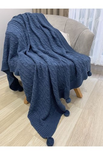 Taylan Mimarlık Akrilik Örgü Ponponlu Süngersiz Düz Lacivert Tekli Koltuk Örtüsü 130x170 cm