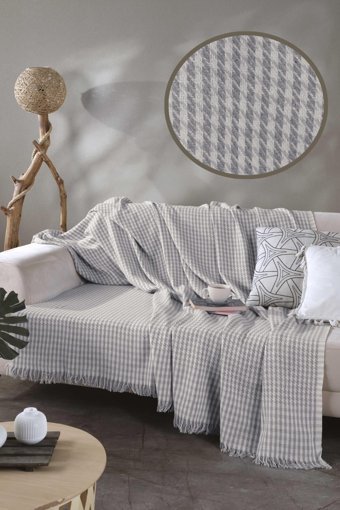 Ladynil Pamuklu Saçaklı Süngersiz Çizgili Gri Tekli Koltuk Örtüsü 170x200 cm