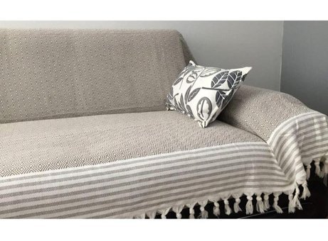 Coperta Pamuklu Kanvas Püsküllü Süngersiz Armürlü Kahverengi Üçlü Koltuk Örtüsü 170x304 cm